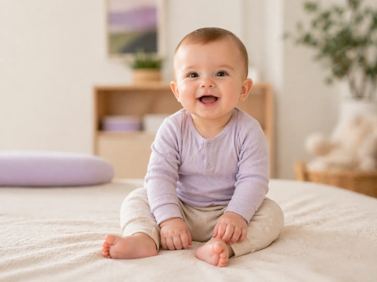 Smiling baby in a lavender onesie sitting on a soft blanket