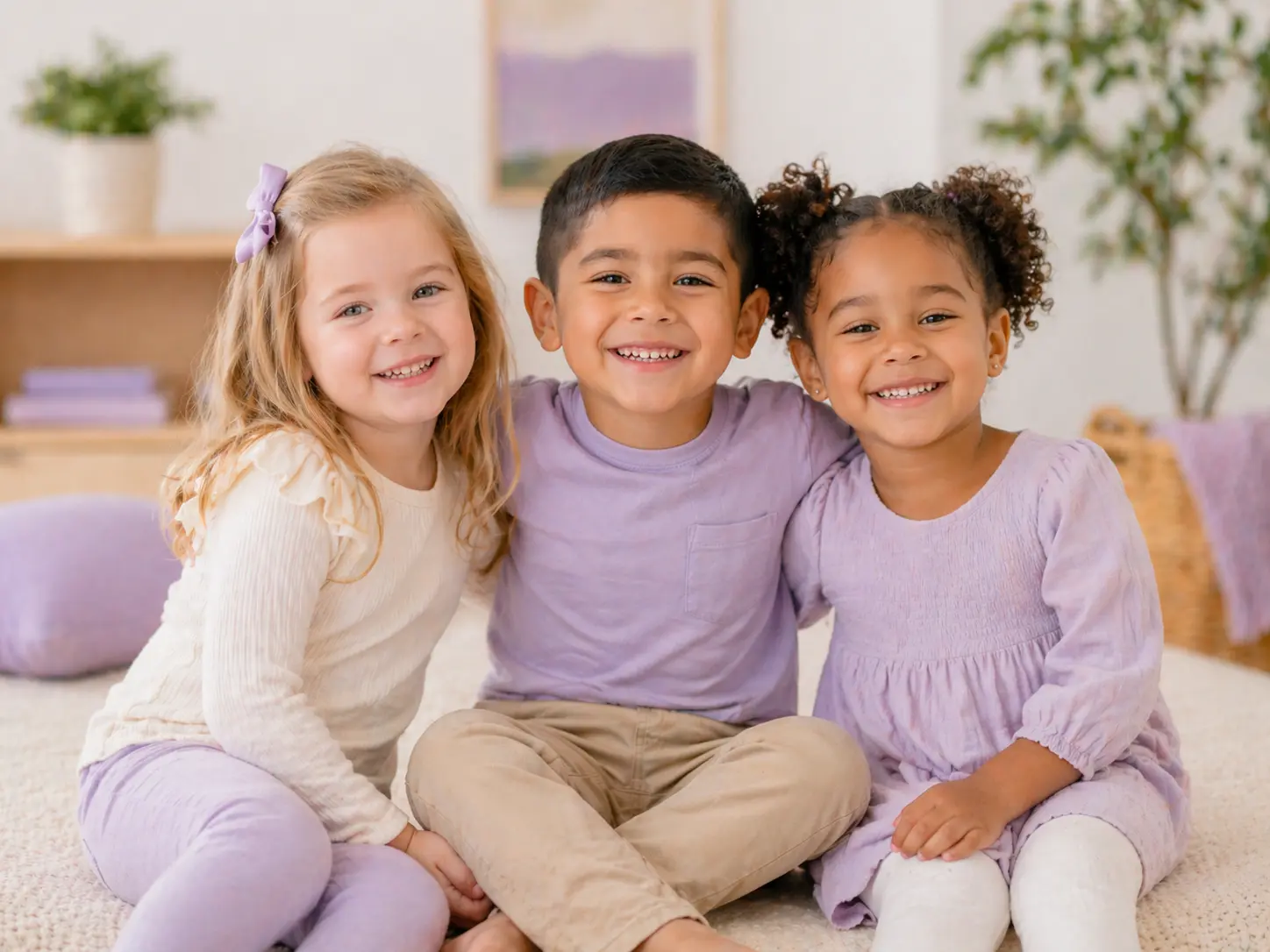 Three happy young children sitting together in lavender outfits