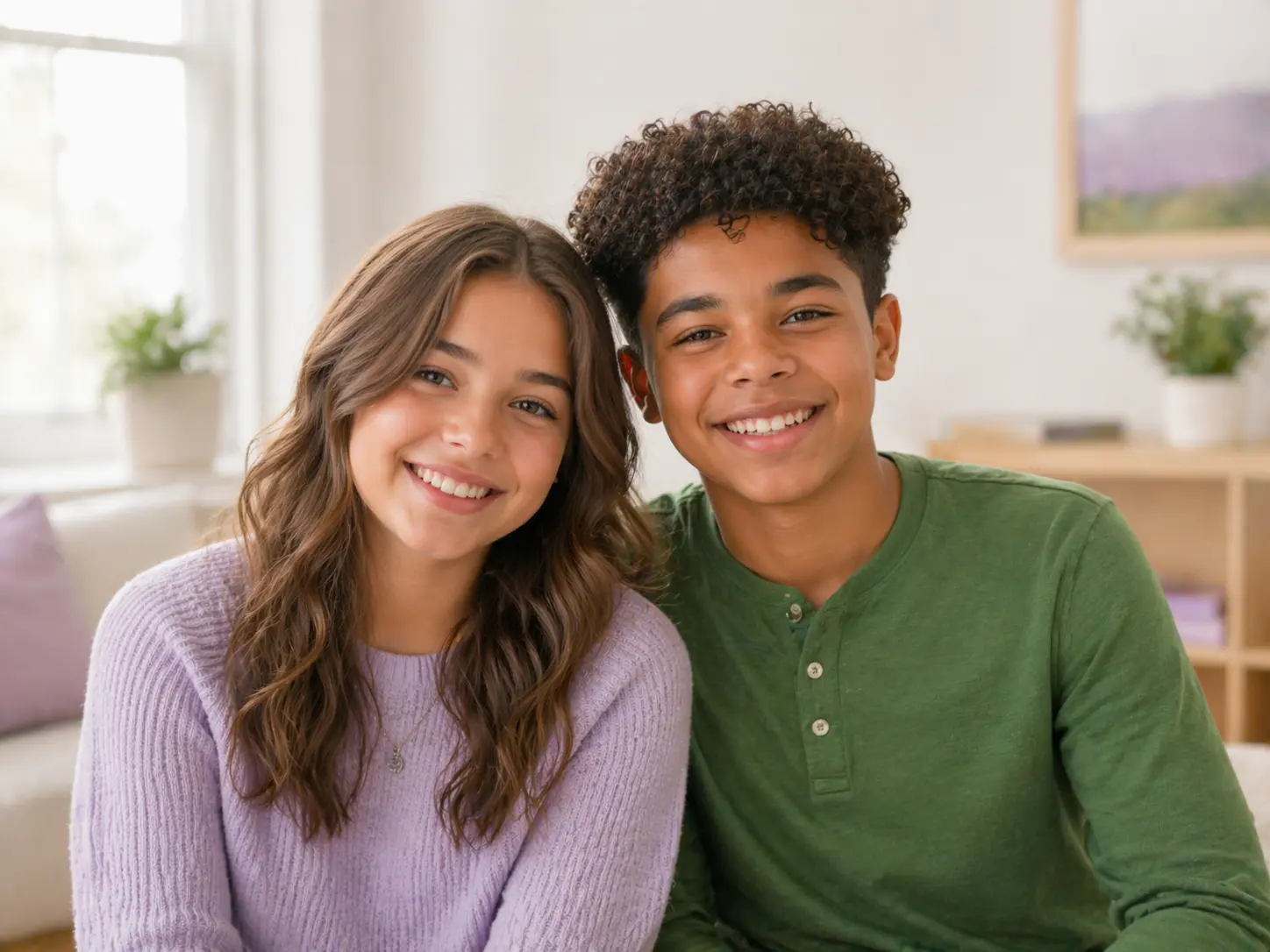 Two smiling teenagers, one in a lavender sweater and one in a green shirt